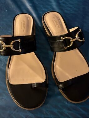 Liz Claiborne Black Leather Slide Sandals with Gold Buckle Accent